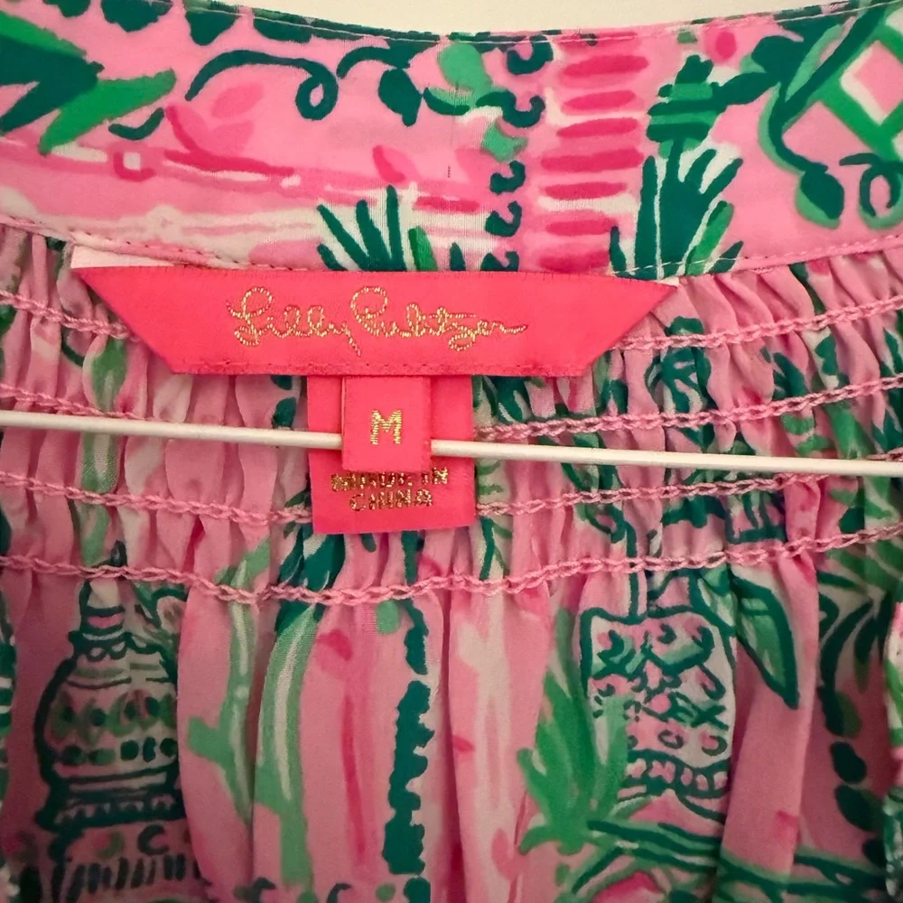 Lilly Pulitzer Pink and Green Graphic Blouse with Mandarin Collar Elsa silk - Picture 2 of 3